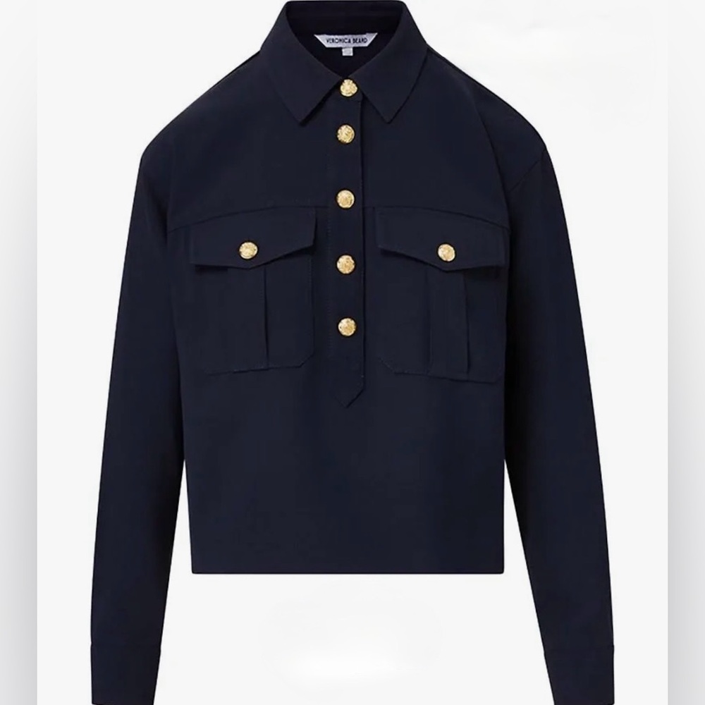 NWT Veronica Beard Colvin Flap Pocket Navy Shacket with Gold Buttons size 2